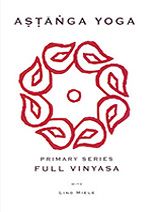 Cover of the Primary Series Full Vinyasa DVD: the eight-petal rosette drawn in red on a pale ground.