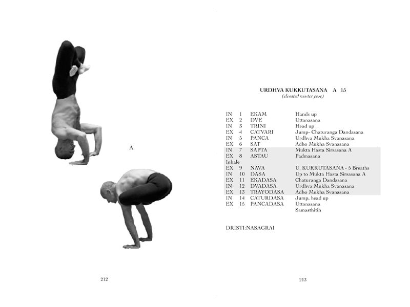 Pages 212 and 213: Urdhva Kukkutasana A in two photographs, beside the count of the entry and the exit.
