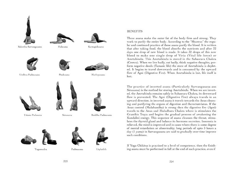 Pages 323 and 324: the finishing sequence in twelve photographs, beside the text on the benefits of Yoga Chikitsa.